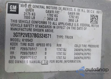 2011 GMC Sierra 1500 Sle from USA, damaged, VIN 3GTP2VE37BG324571